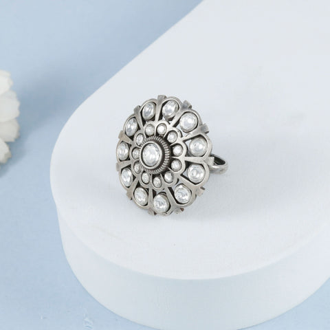 Kanak Floral Mirror Design Oxidised Silver Ring