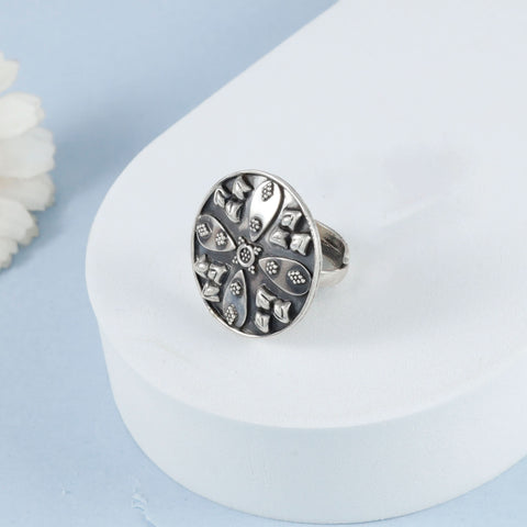 Priya Bold Foral Motif Oxidised Shine Silver Ring