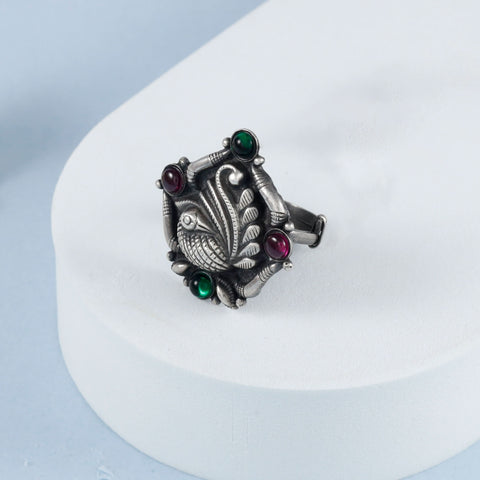 Jiya Peacock Motif Silver Coloured Ring