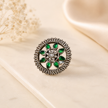 Zivara Green Floral Silver Ring
