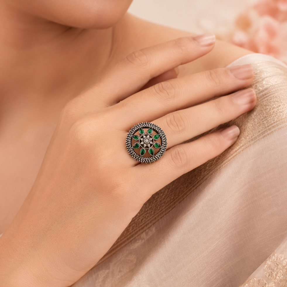 Zivara Green Floral Silver Ring