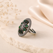 Zivara Green Floral Silver Ring