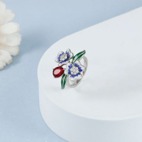 Anjali Floral Colorful Design Silver Ring