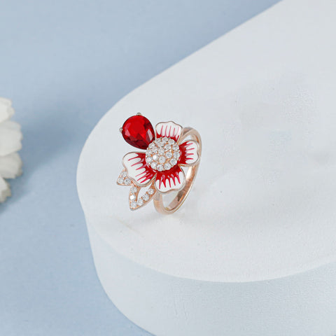 Dhriti Floral Design Red Stone Silver Cz Ring