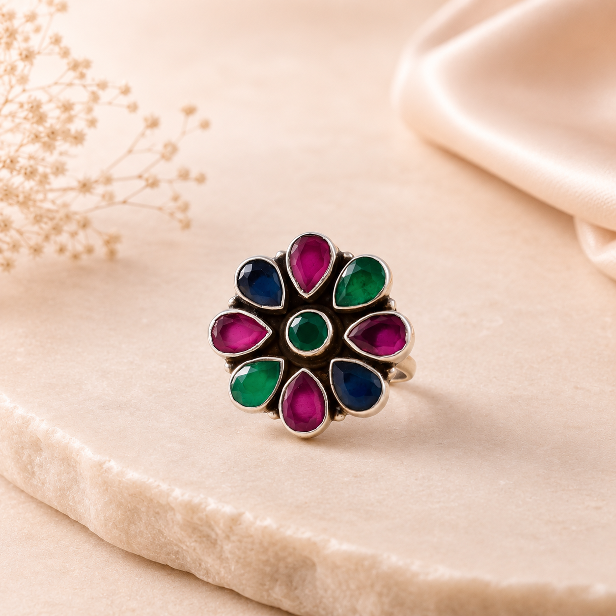 Divya Ethnic Color Blossom Silver Ring