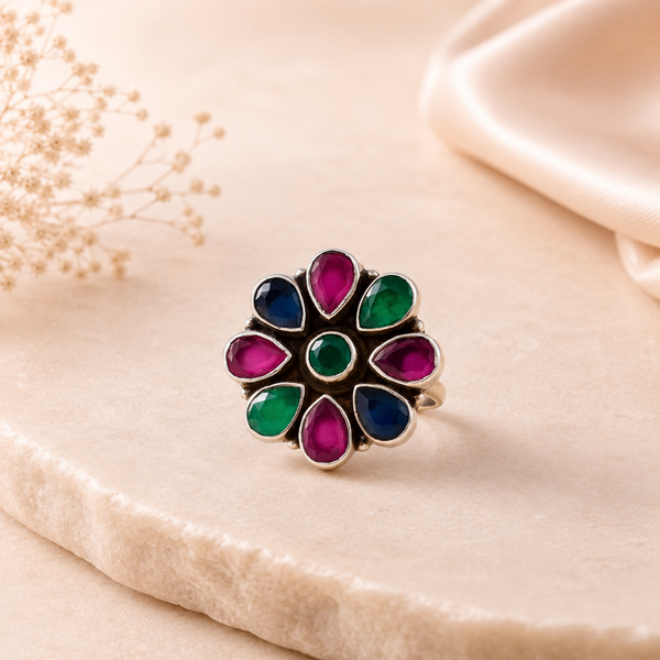 Divya Ethnic Color Blossom Silver Ring