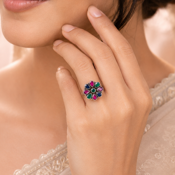 Divya Ethnic Color Blossom Silver Ring