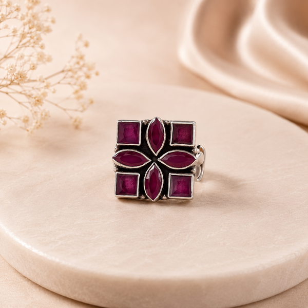 Bani Square Floral Silver Ring