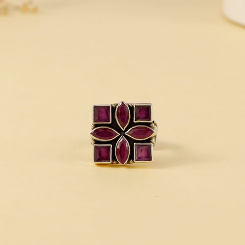 Bani Square Floral Silver Ring