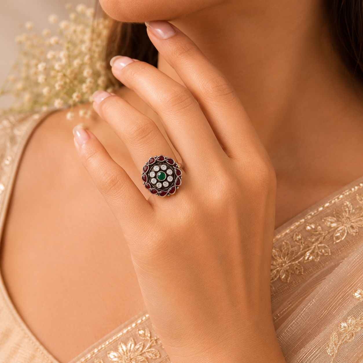 Payal  Floral Stone Designe Silver Ring