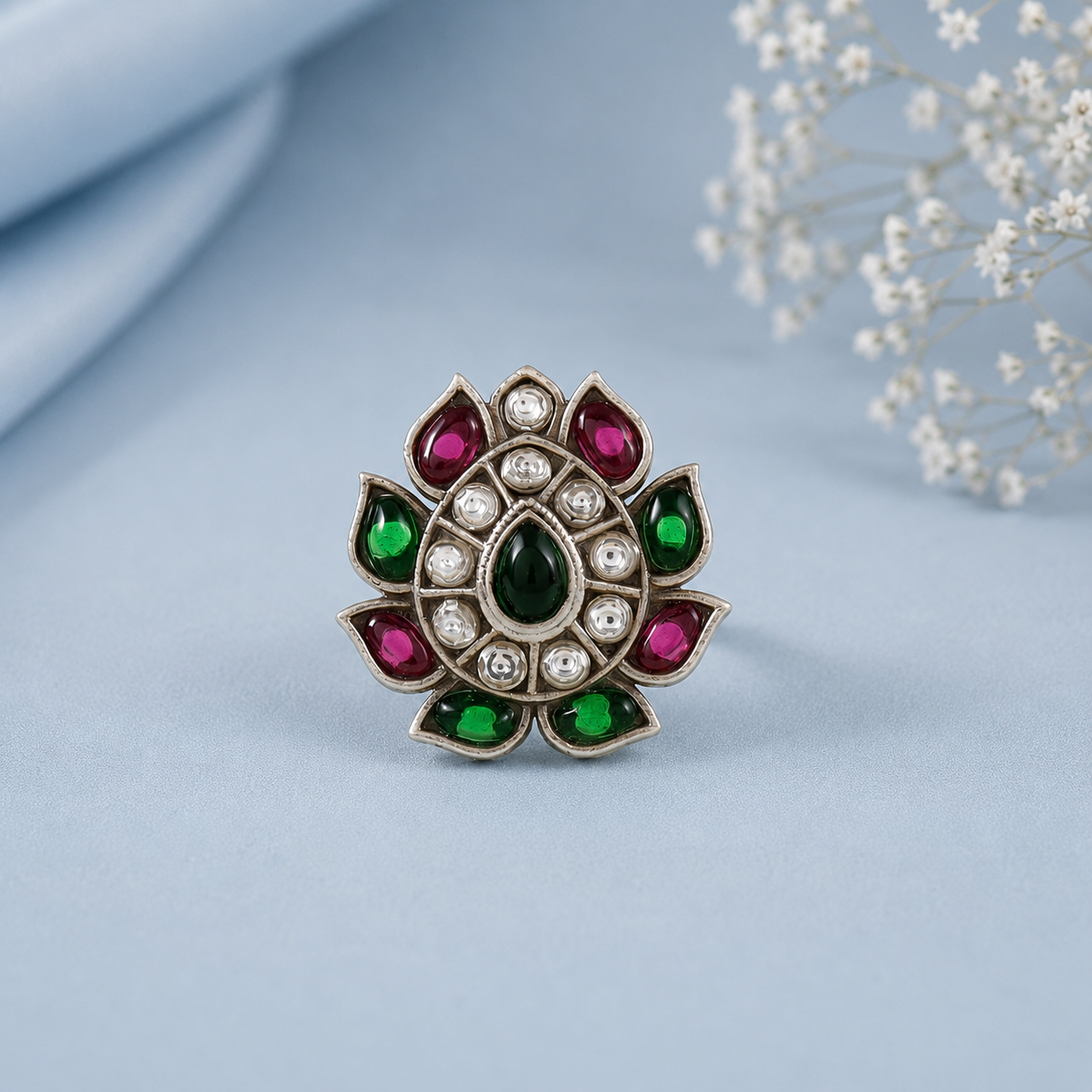 Inaya Antique Kundan Flower Silver Ring