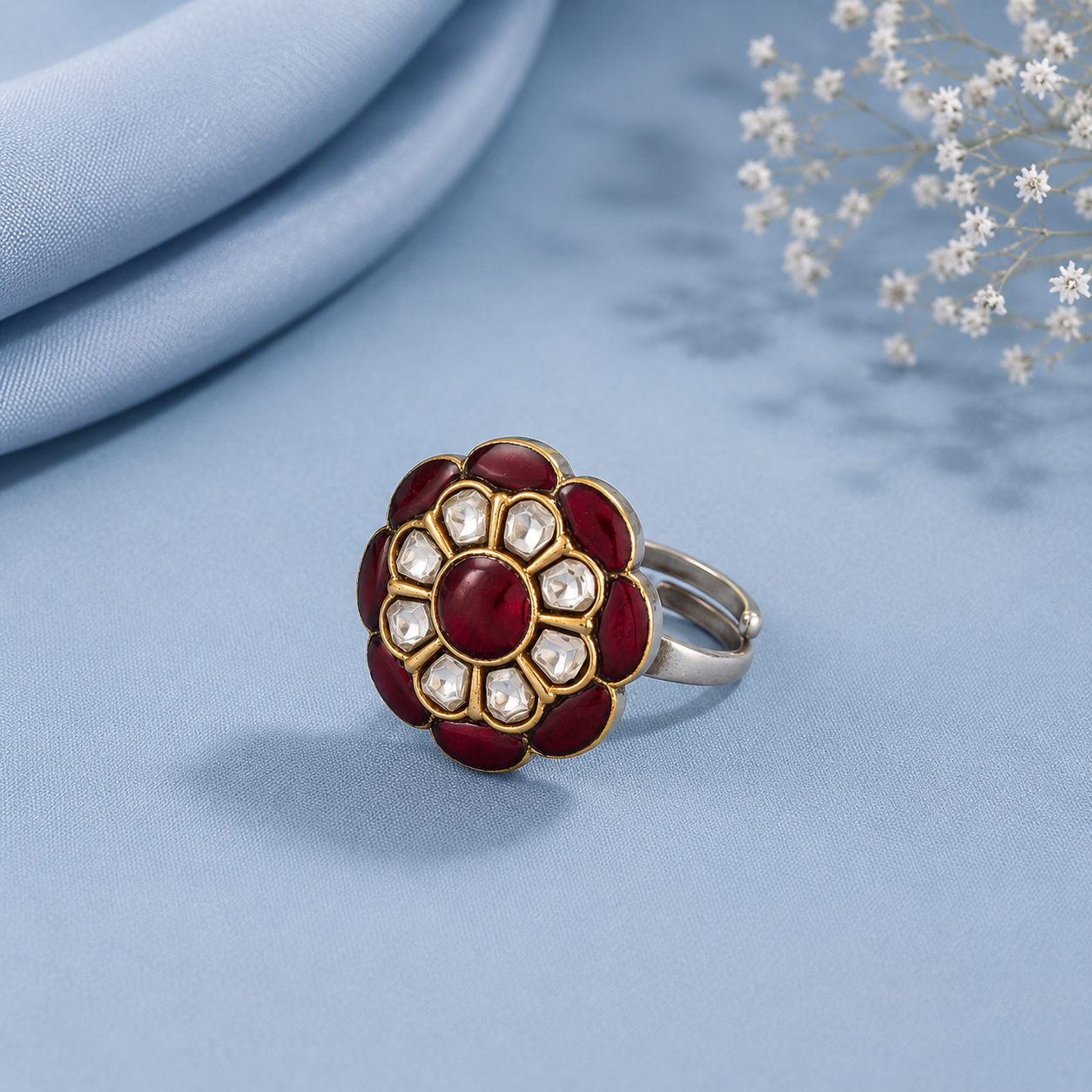 Prisha Red Stone Kundan Silver Ring