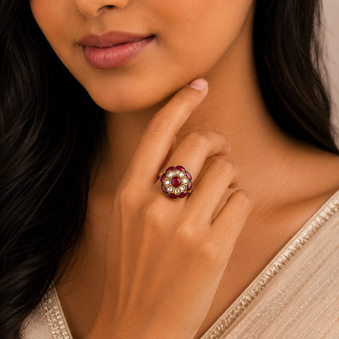 Prisha Red Stone Kundan Silver Ring