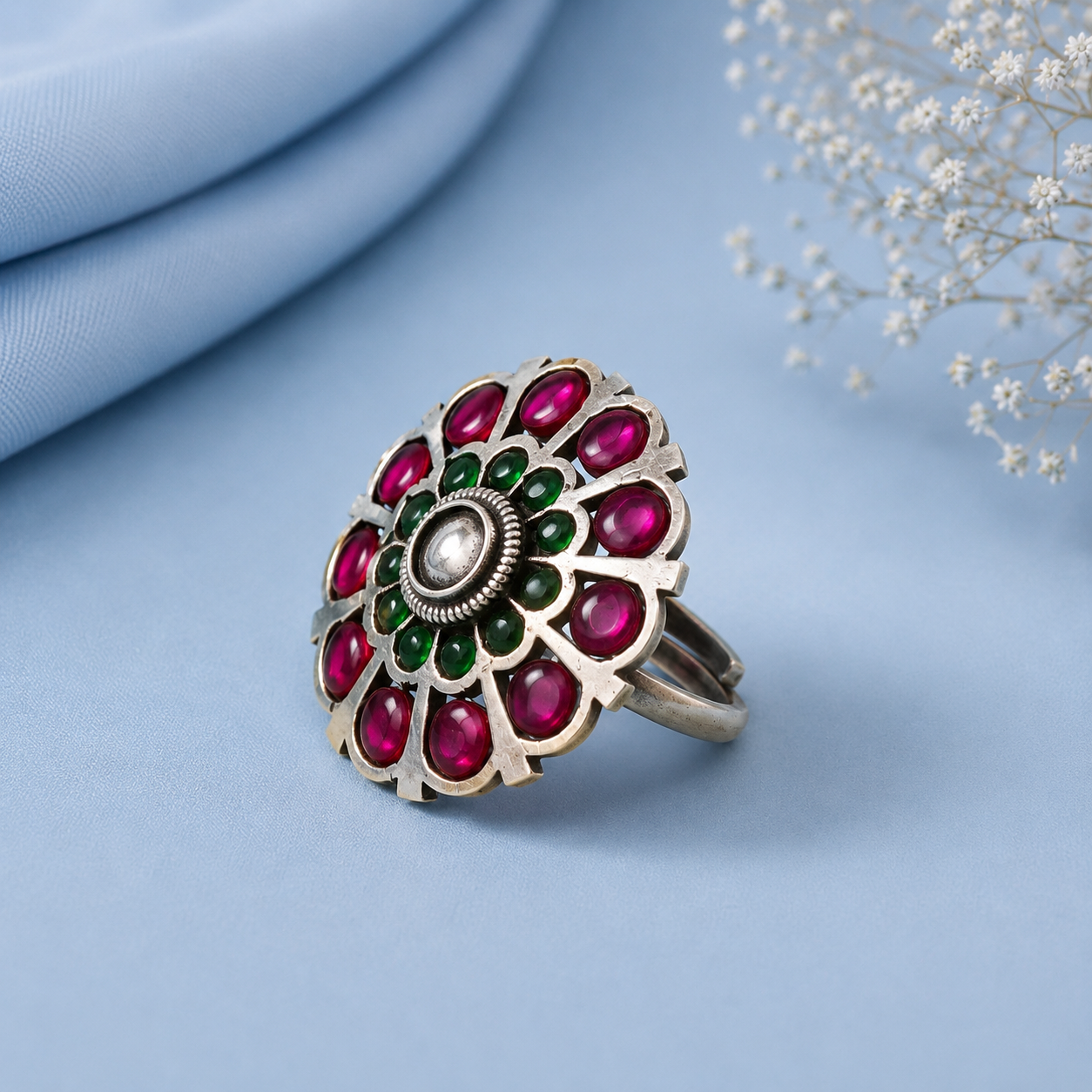 Ruhi Classic Gem Halo Silver Ring