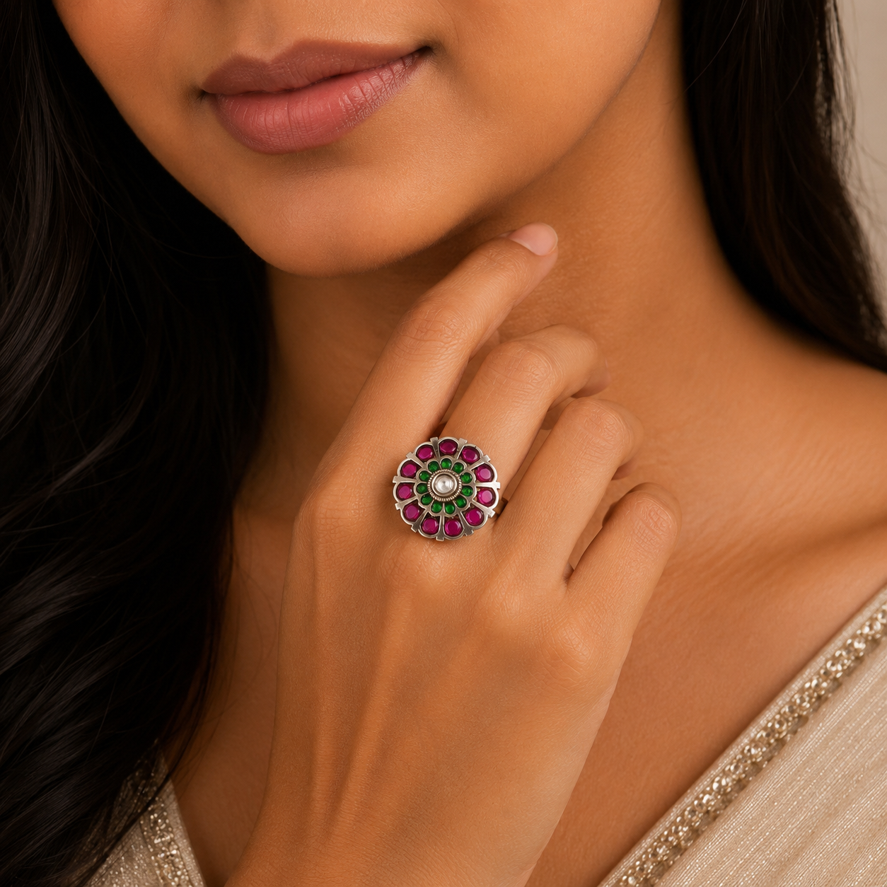 Ruhi Classic Gem Halo Silver Ring