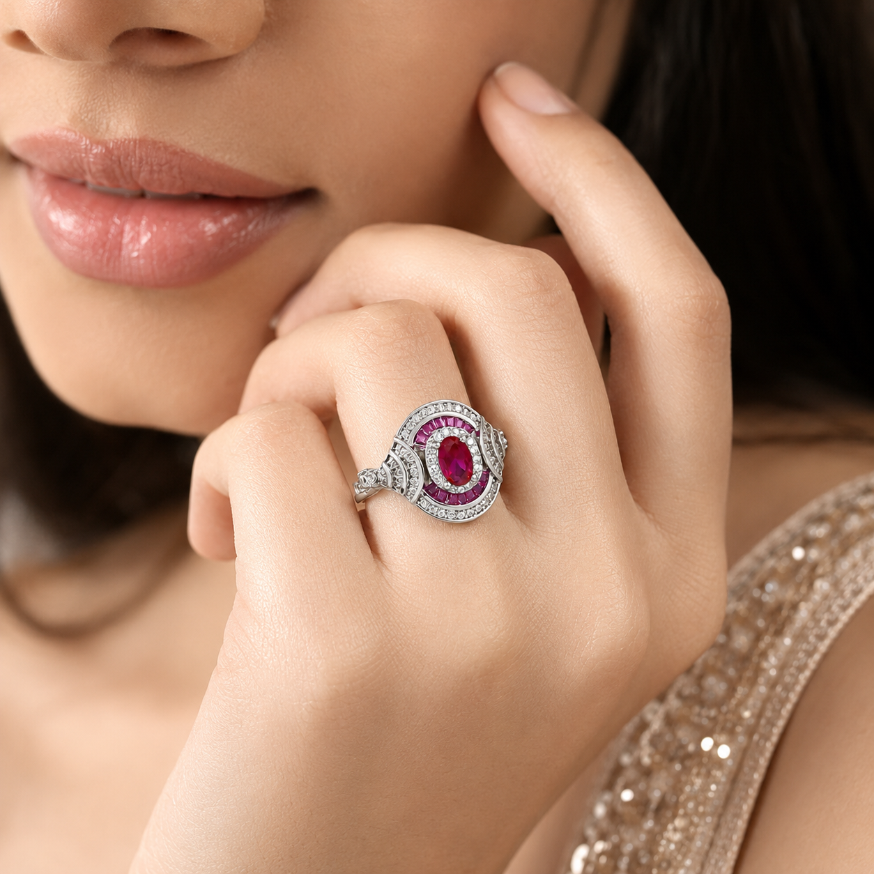 Shanaya Crimson Halo Silver Ring