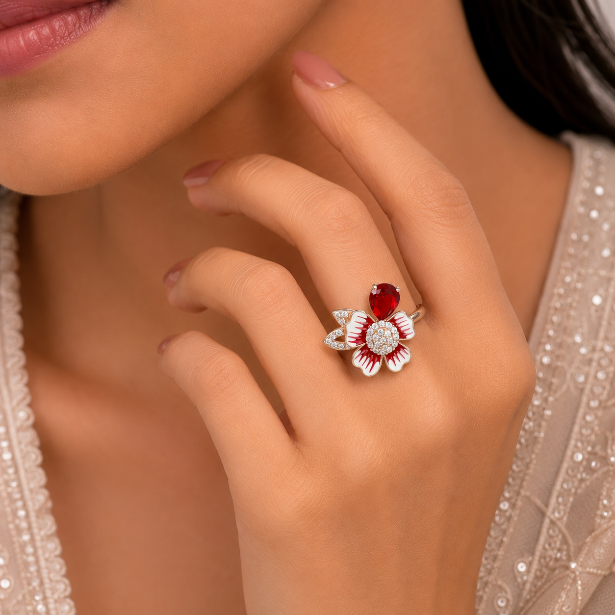 Samaira Floral Shine Silver Ring