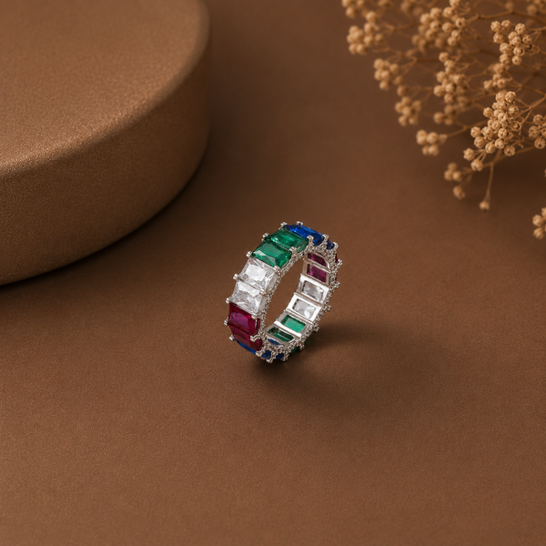 Mahi Multicolor Gem Band Silver Ring