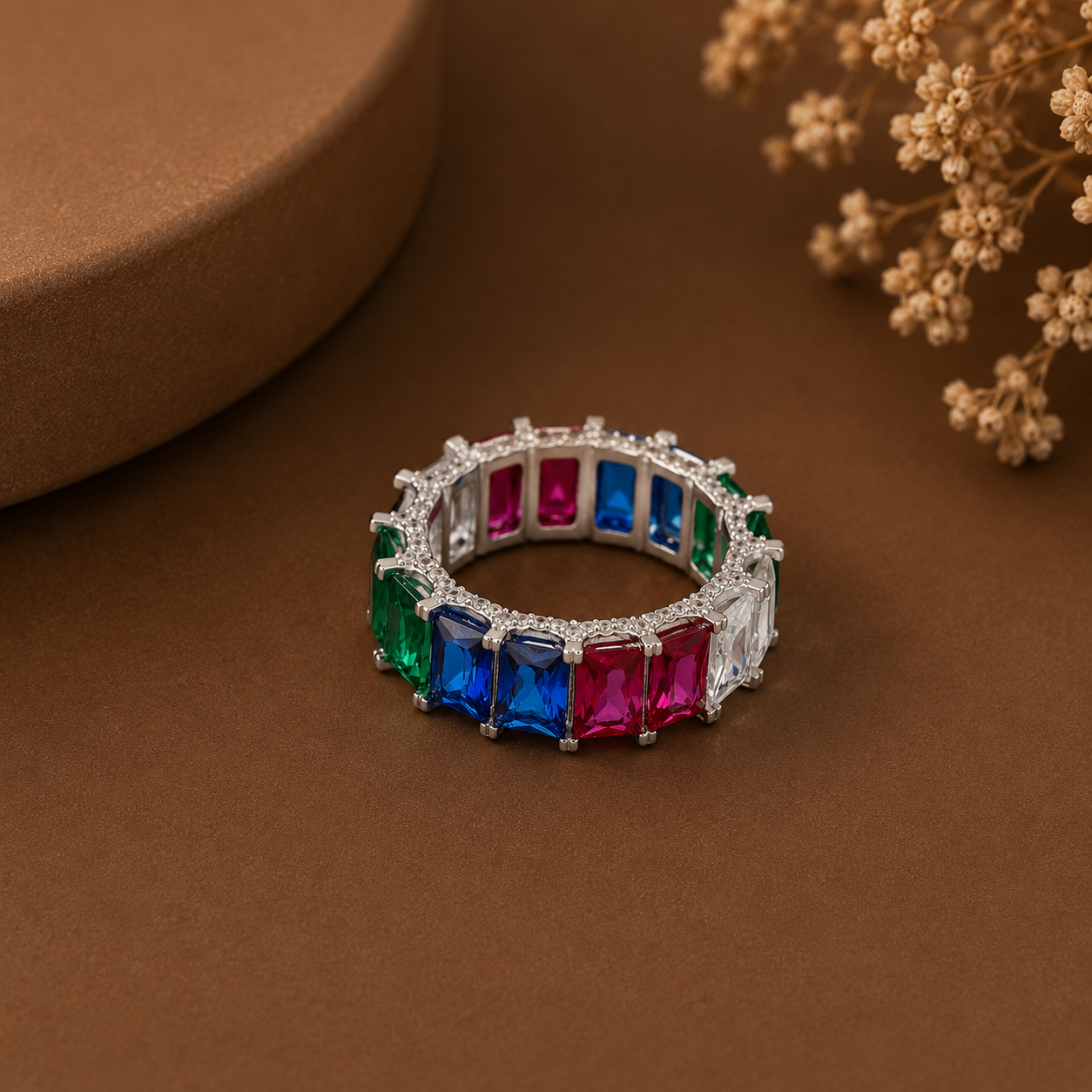 Mahi Multicolor Gem Band Silver Ring