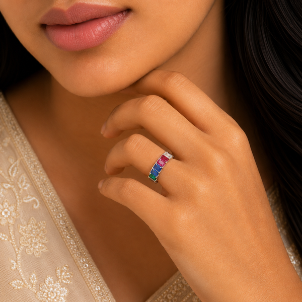 Mahi Multicolor Gem Band Silver Ring