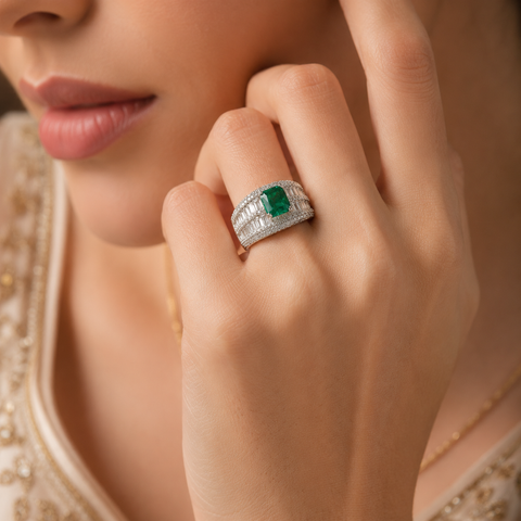 Pooja Green Crown Silver Ring