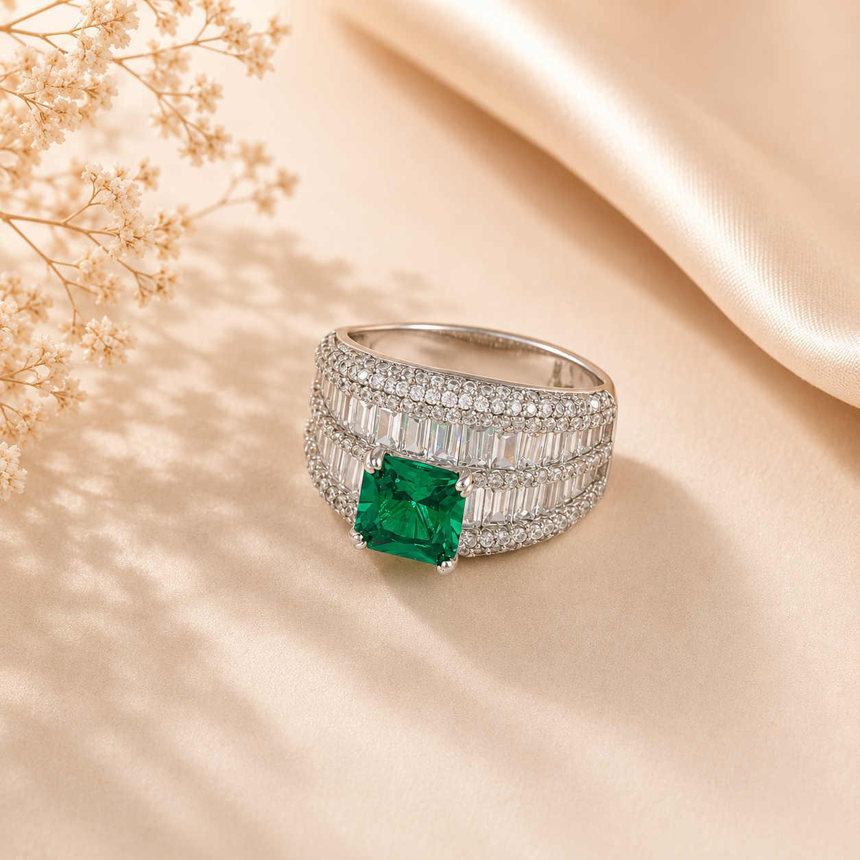 Pooja Green Crown Silver Ring