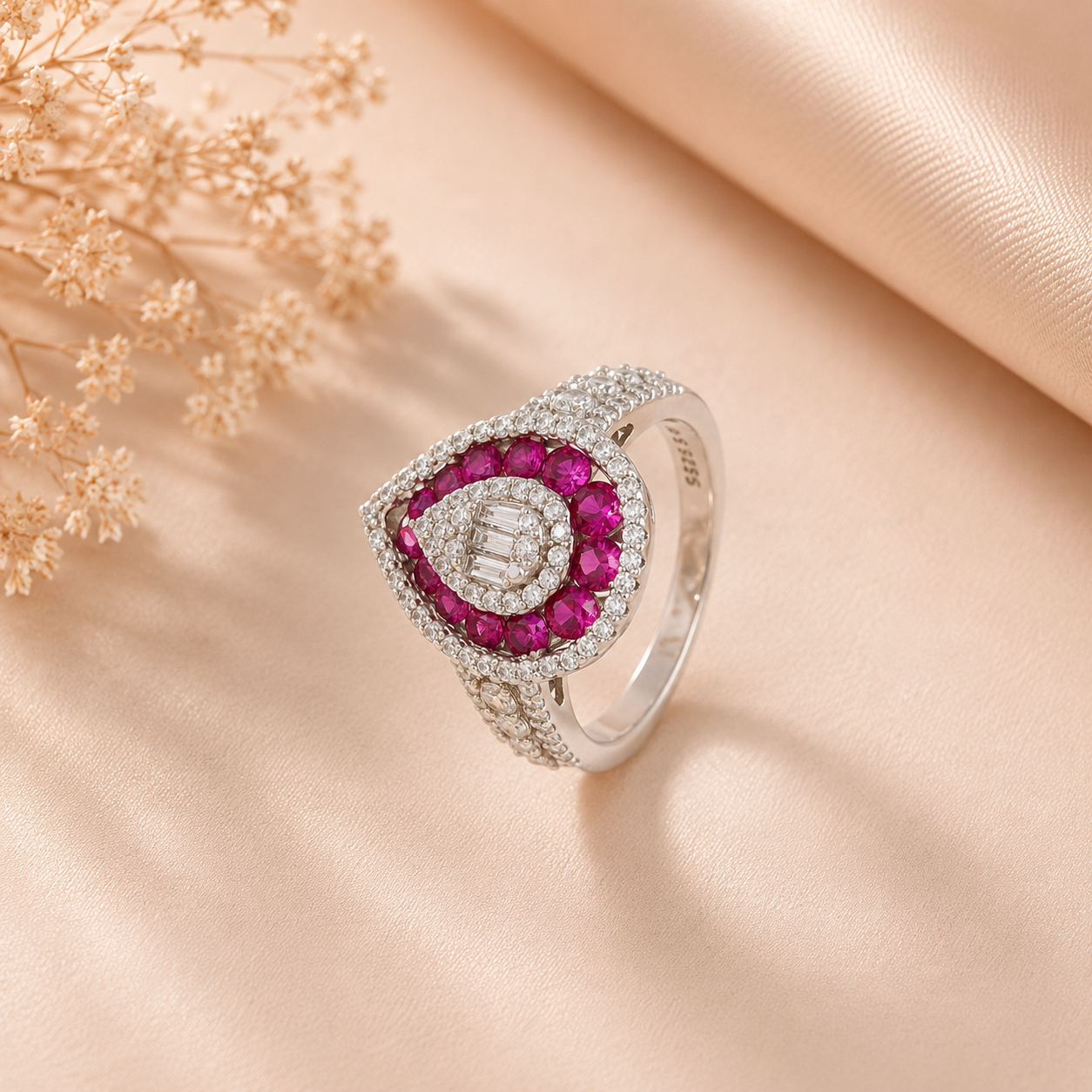 Isha Pink Gem Halo Silver Ring