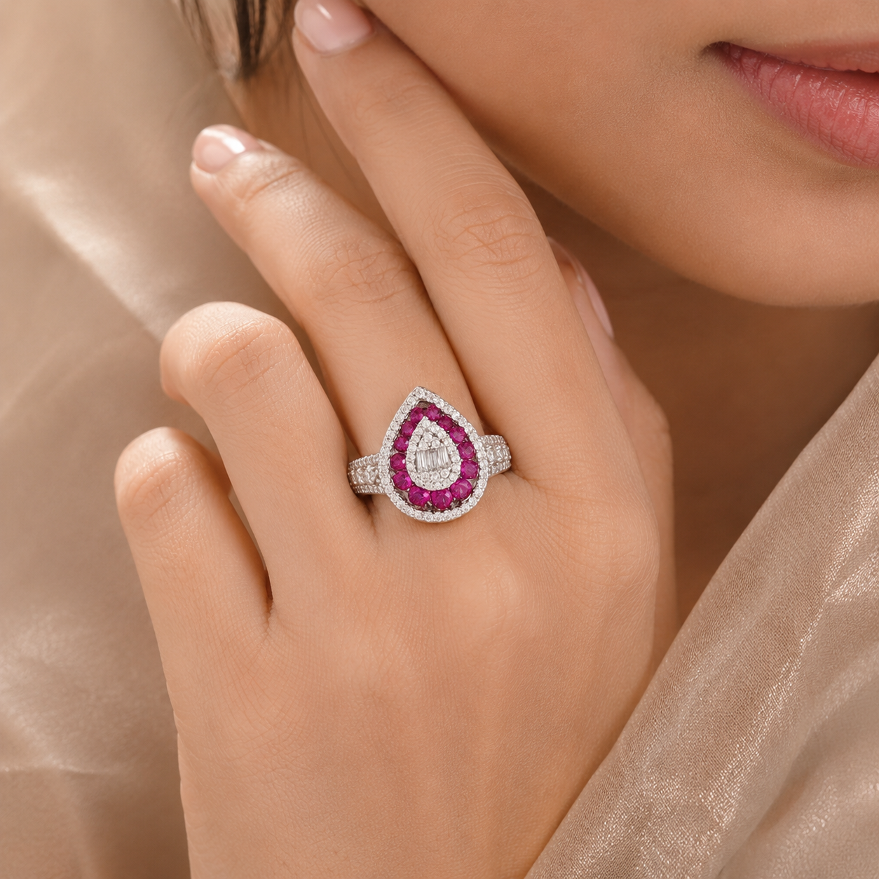 Isha Pink Gem Halo Silver Ring