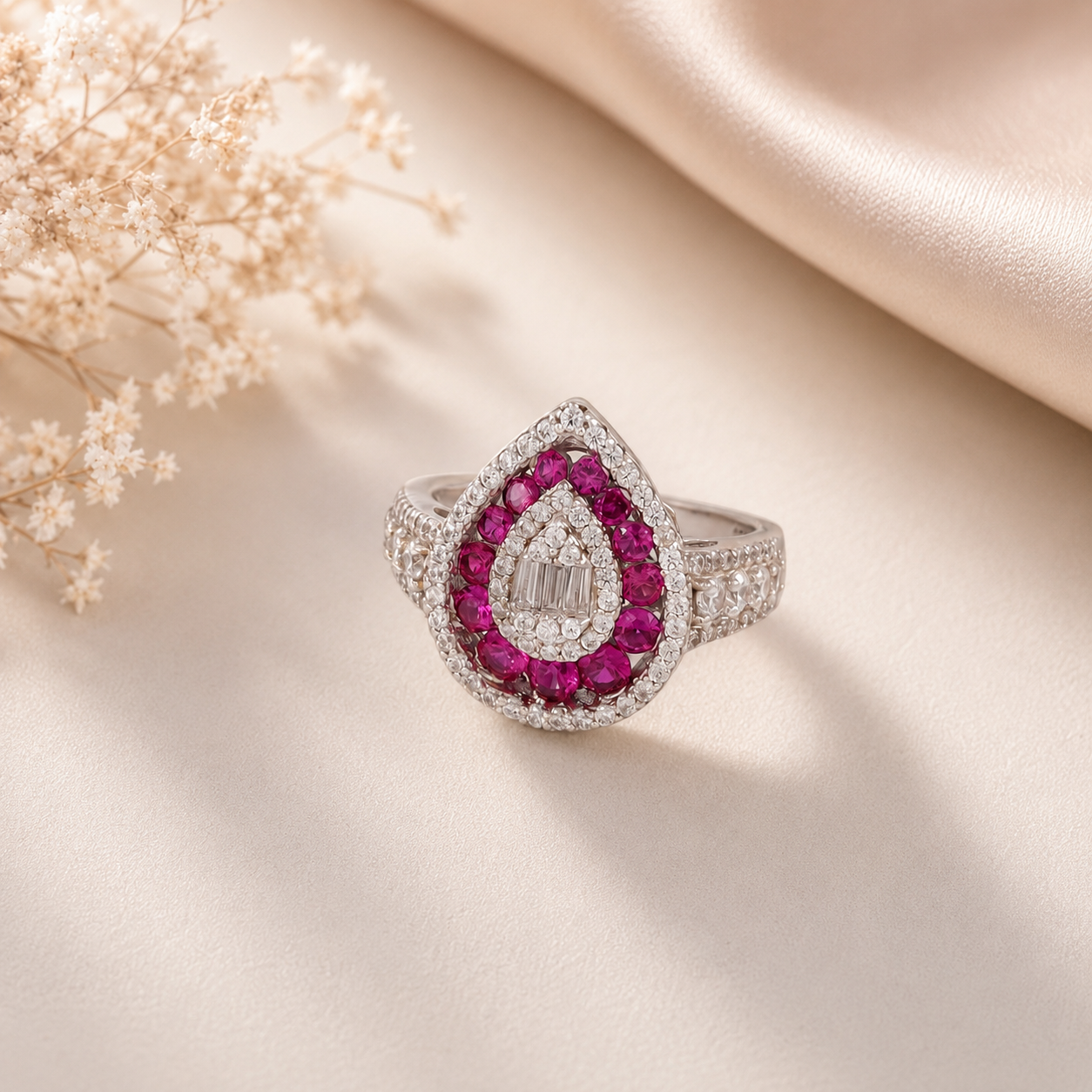 Isha Pink Gem Halo Silver Ring