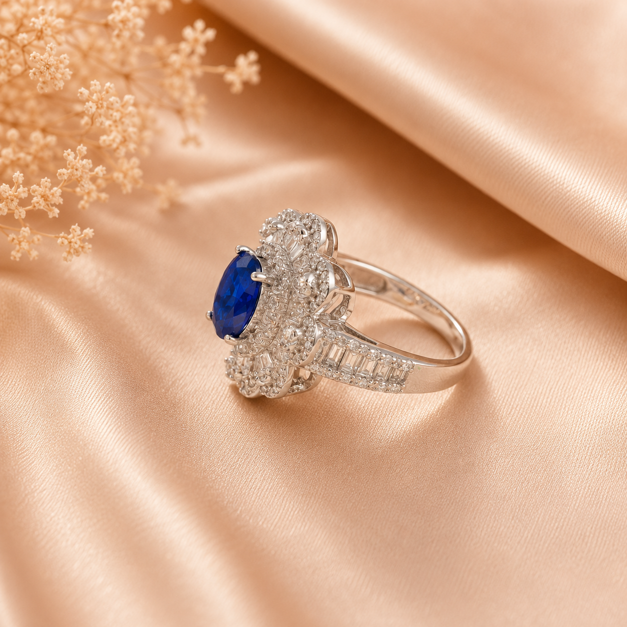 Ishita Ocean Blue Halo Silver Ring