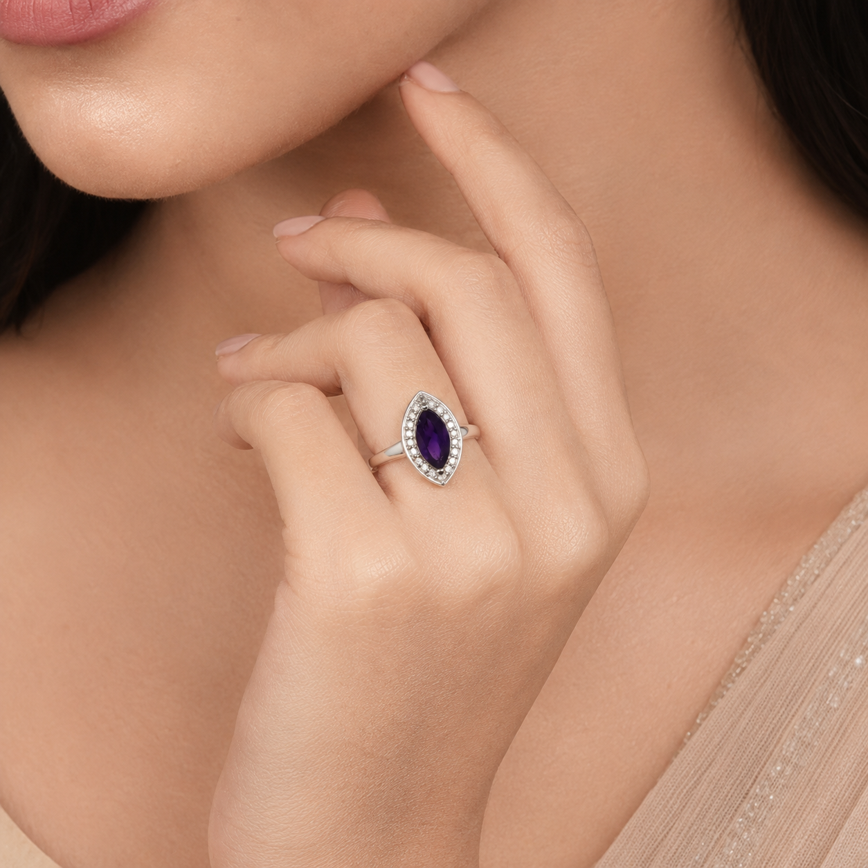 Riyana Purple Crystal Halo Silver Ring