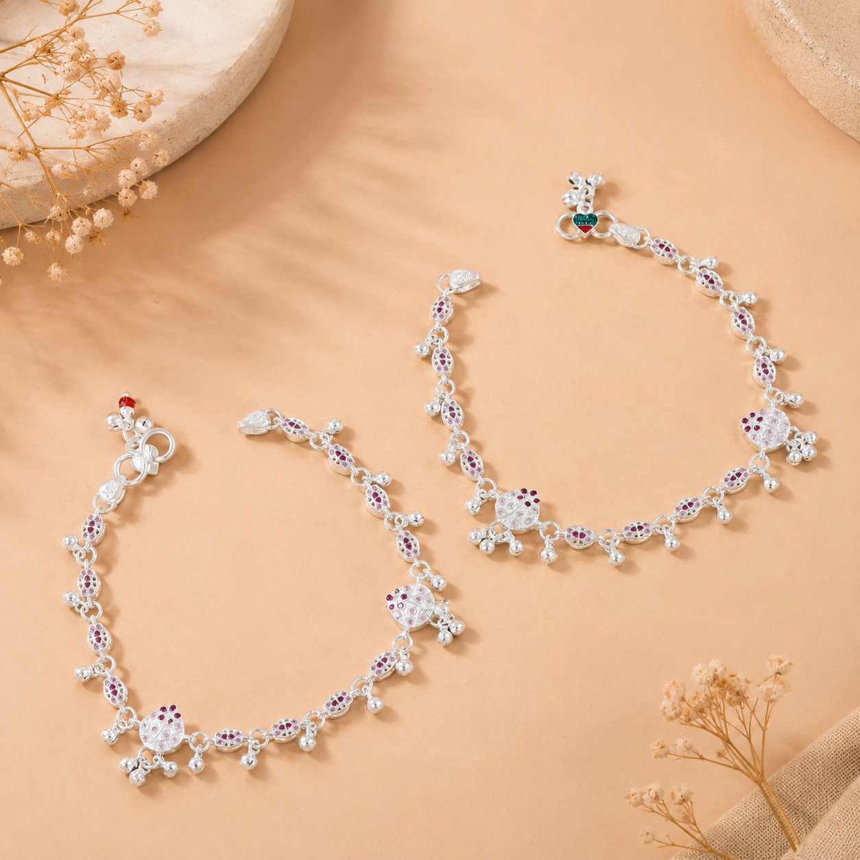 Samaira Ruby Heart Charm Silver Anklets