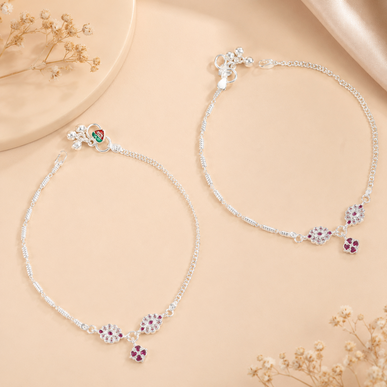 Nandini Minimal Floral Silver Anklets