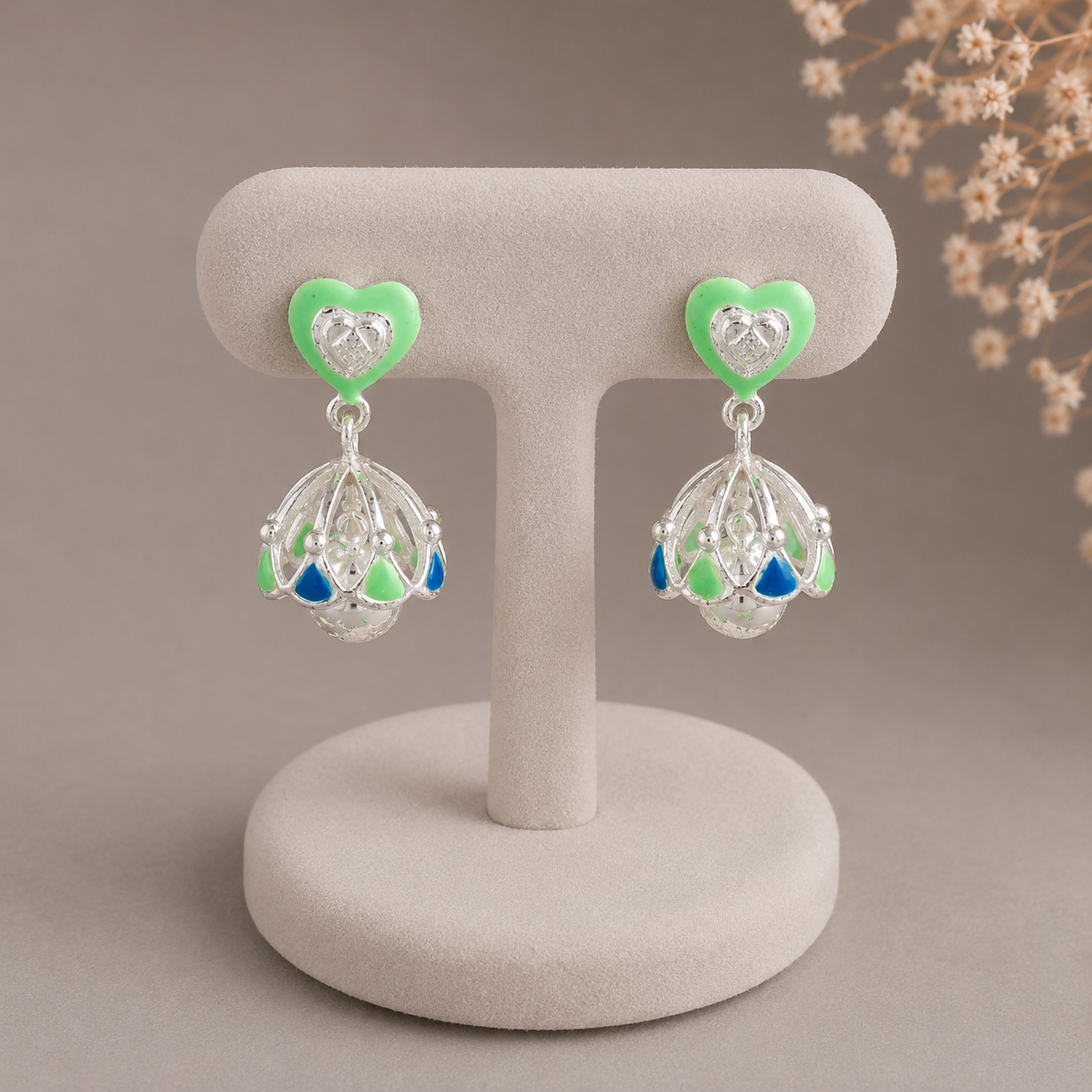 Yashvi Green & Blue Heart Silver Earrings
