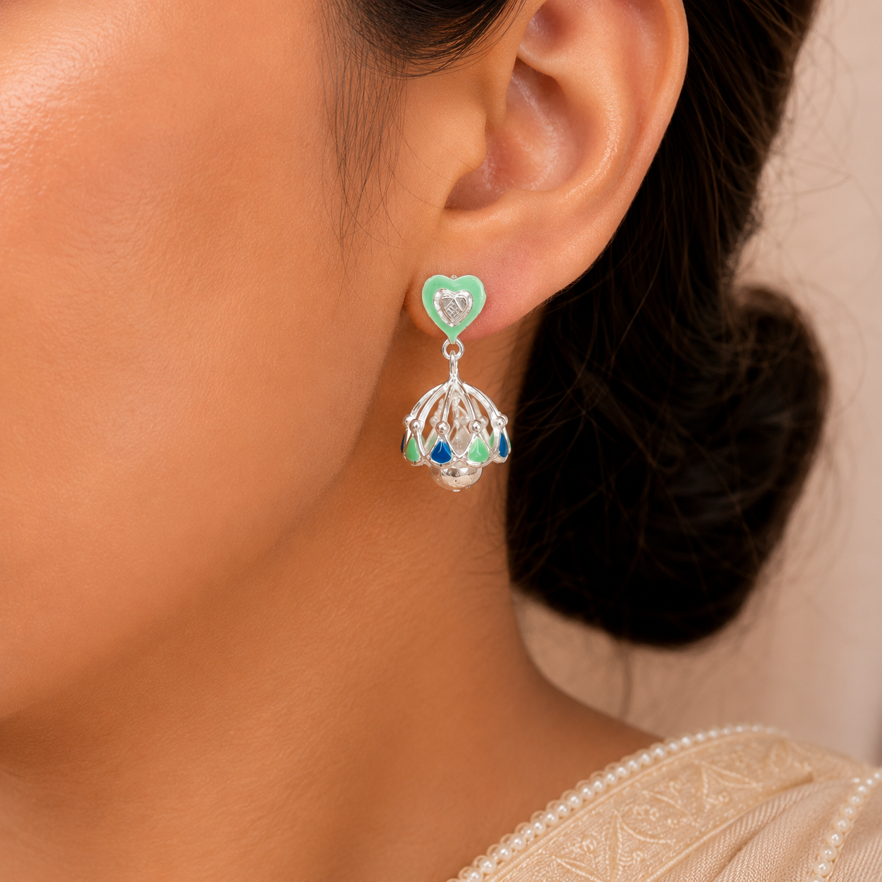 Yashvi Green & Blue Heart Silver Earrings