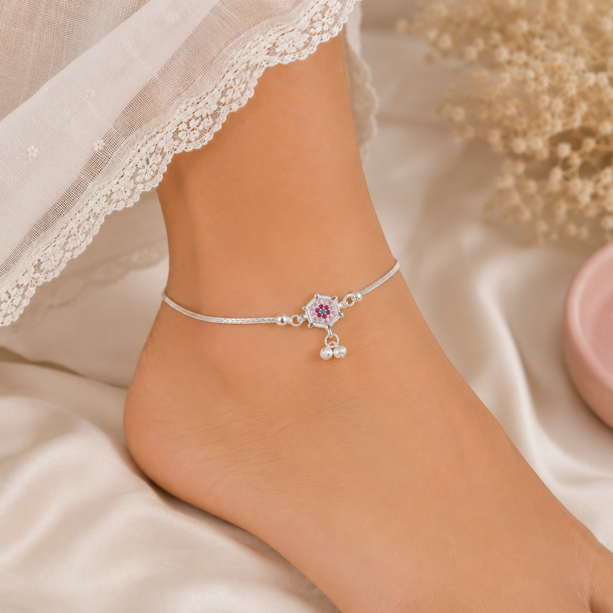 Komal Twinkle Star Silver Anklets