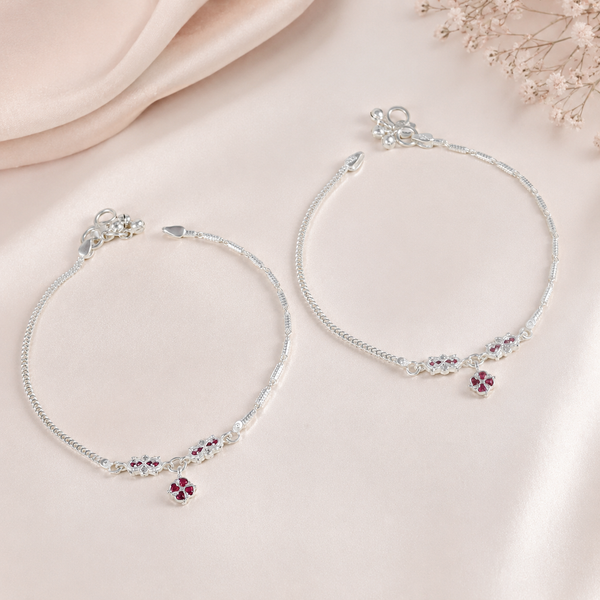 Aahana Scarlet Flower Charm Silver Anklets