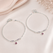 Aahana Scarlet Flower Charm Silver Anklets