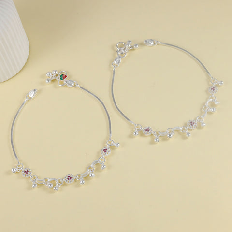 Akshara Floral Ruby Ghungroo Silver Anklets