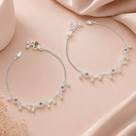 Akshara Floral Ruby Ghungroo Silver Anklets