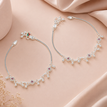 Akshara Floral Ruby Ghungroo Silver Anklets