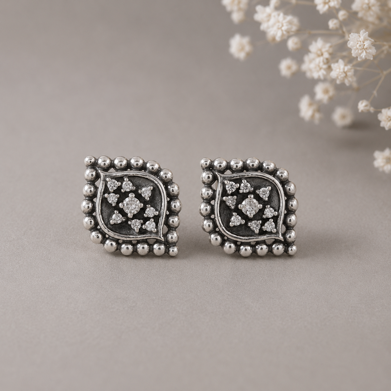 Prisha Stone Frame Silver Earrings