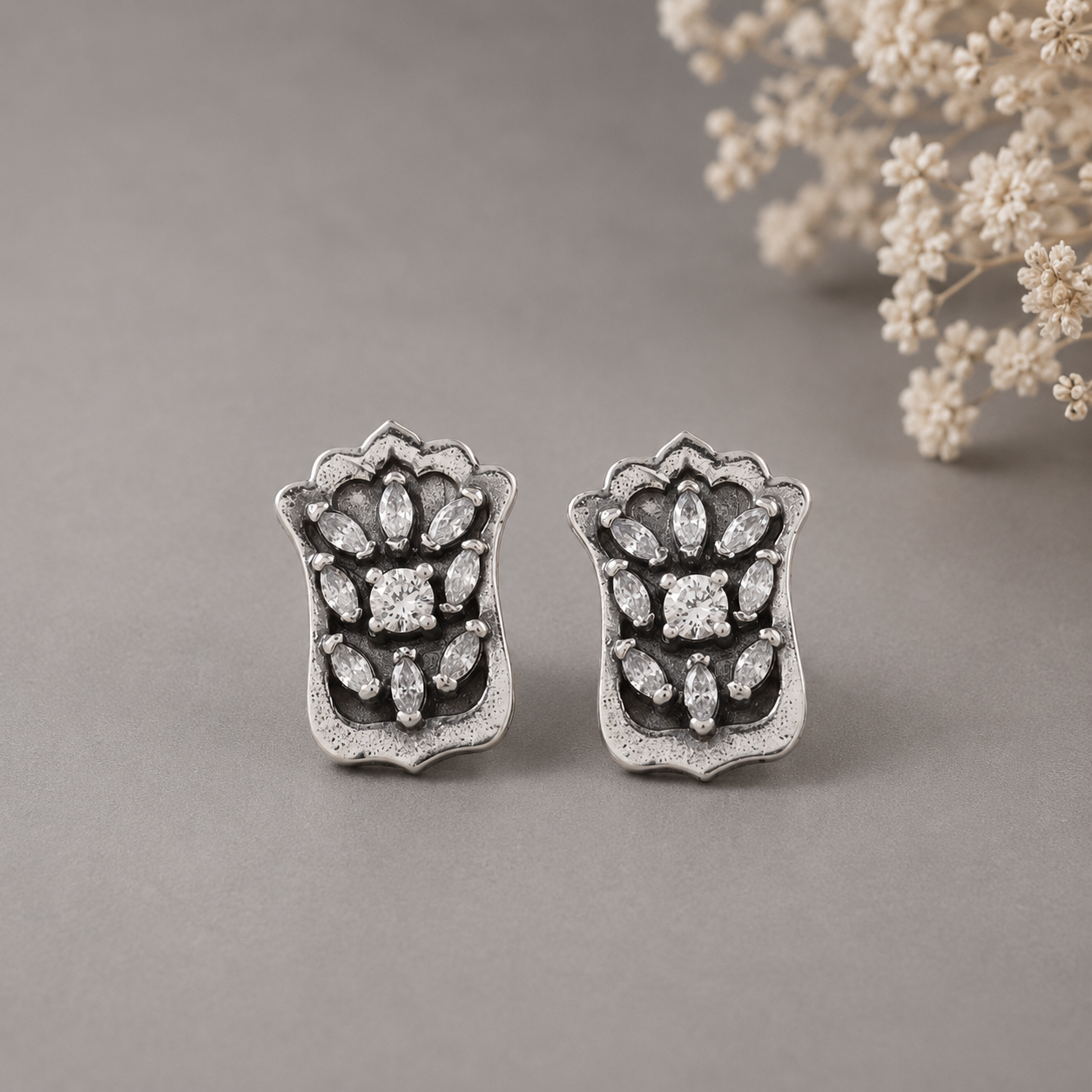 Mahira Antique Floral  Silver Earrings