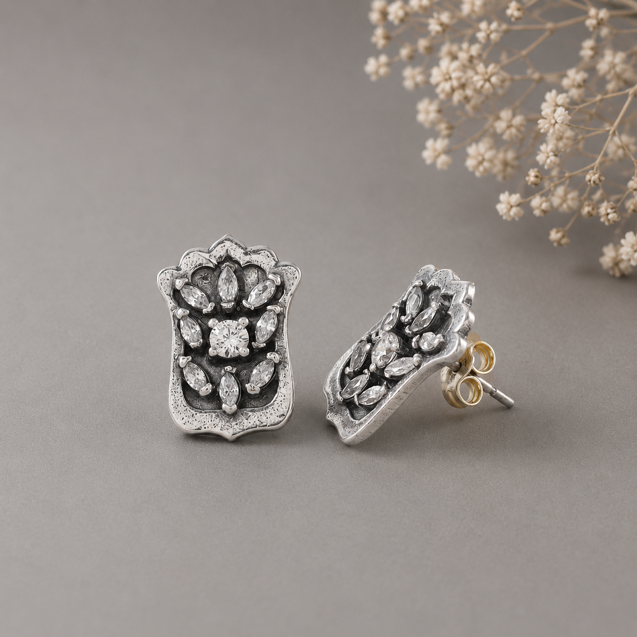 Mahira Antique Floral  Silver Earrings