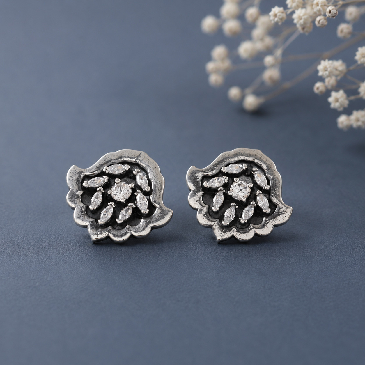 Aarna Floral Swirl Silver Earrings