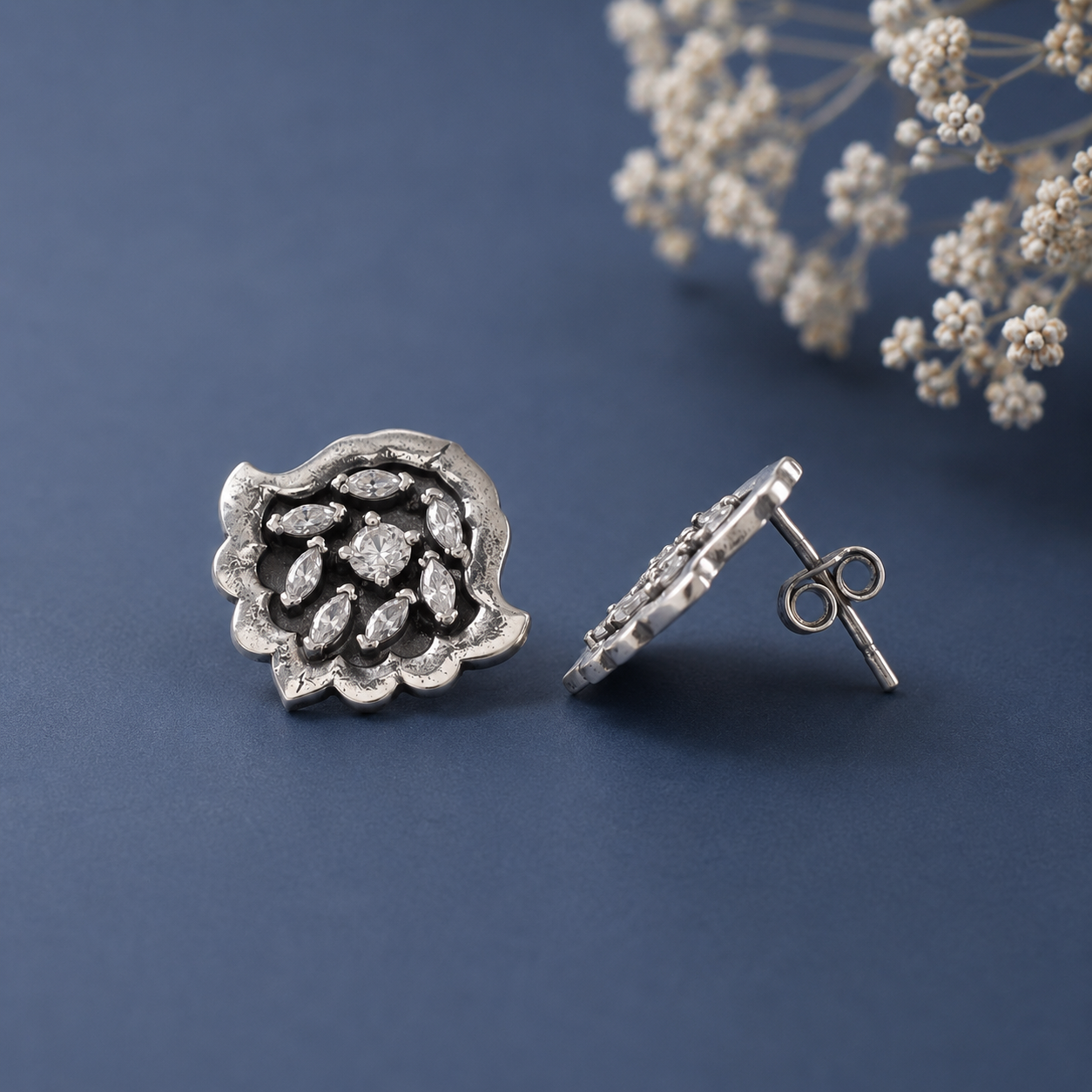 Aarna Floral Swirl Silver Earrings