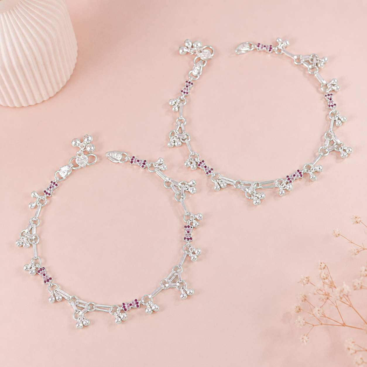 Ruhani Twinkling Ruby Silver Anklets