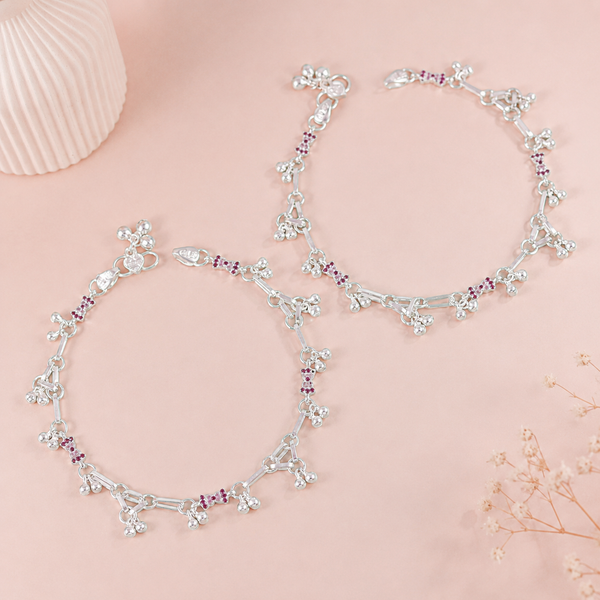 Ruhani Twinkling Ruby Silver Anklets