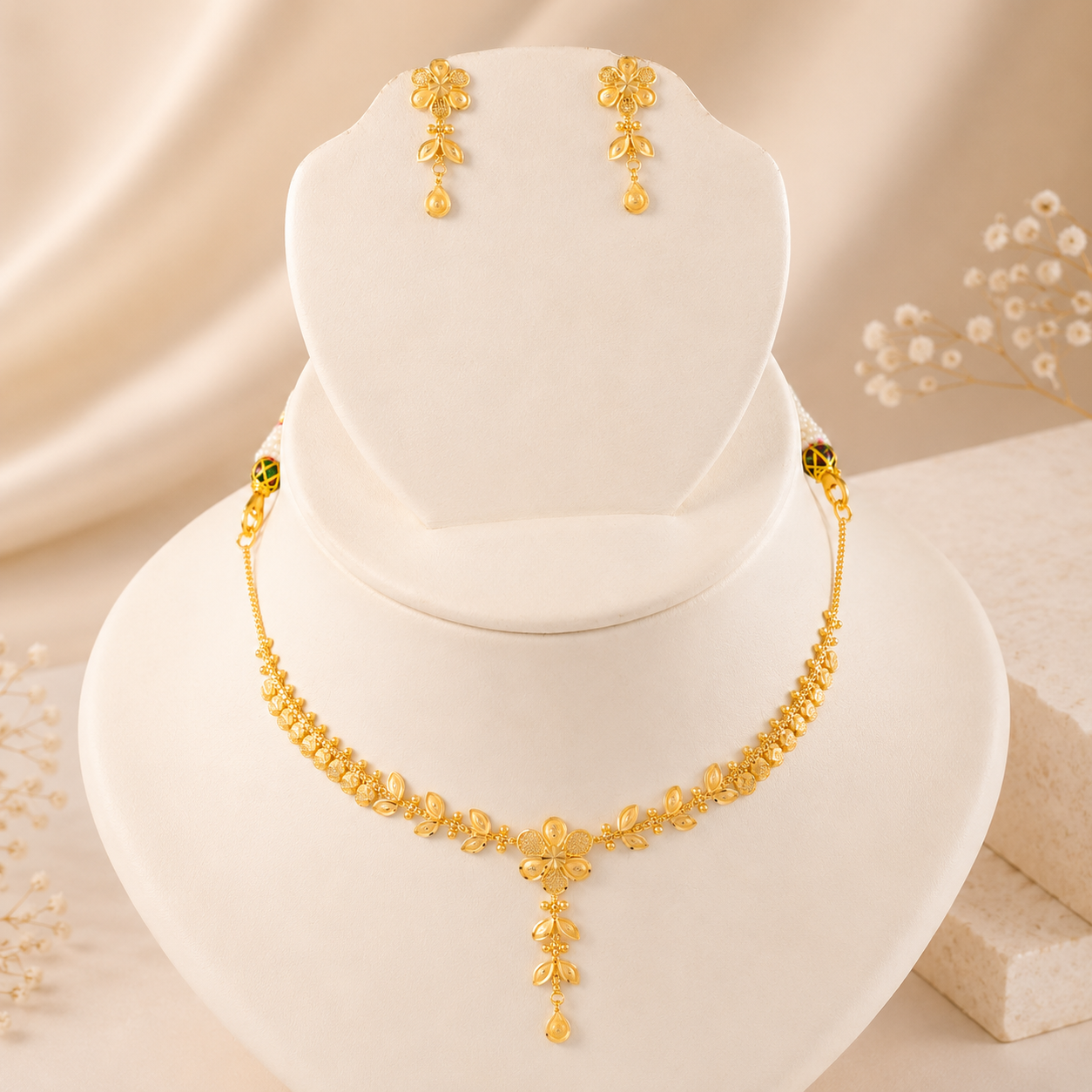 Floral Dewdrop Gold Necklace Set