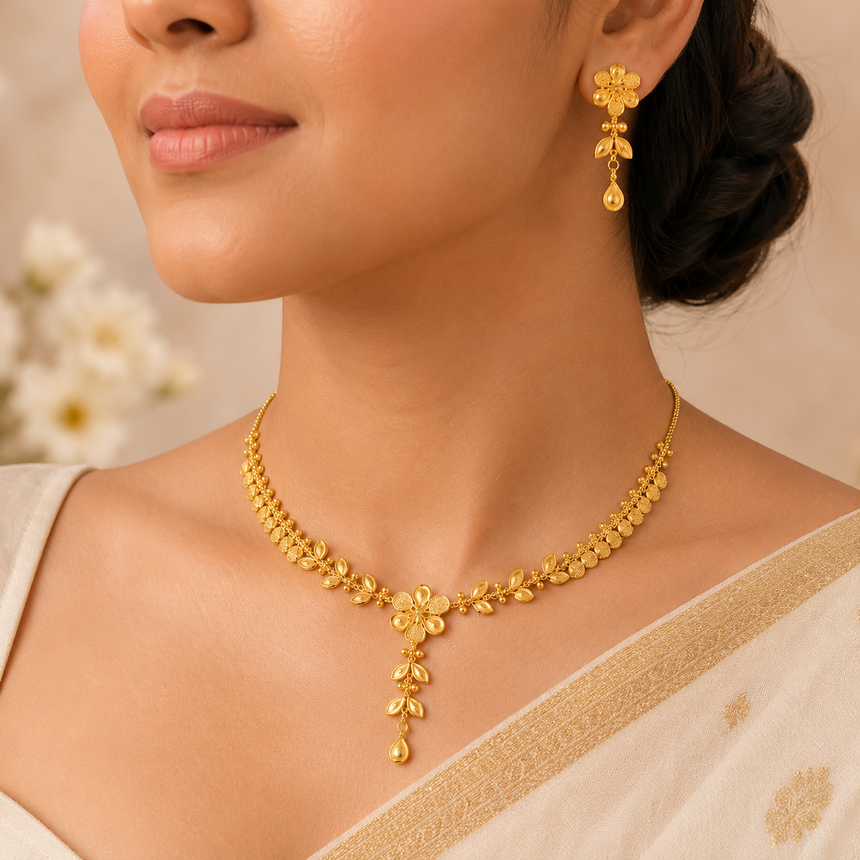 Floral Dewdrop Gold Necklace Set